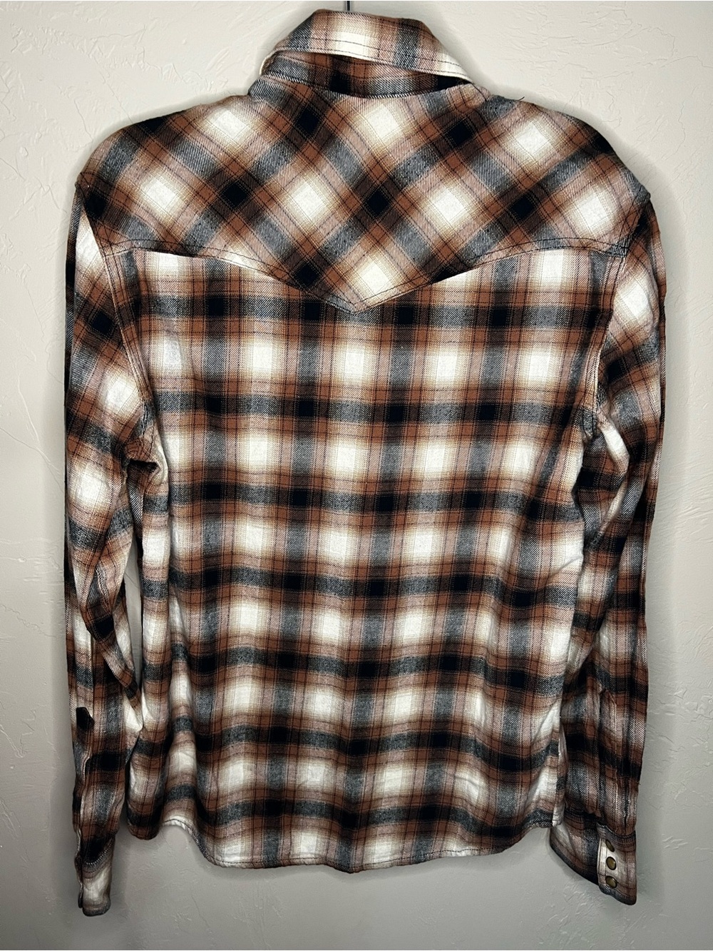 Wrangler Retro Brown Plaid Pearl Snap Flannel Western Cowboy Long‎ Sleeve Shirt - Picture 9 of 11